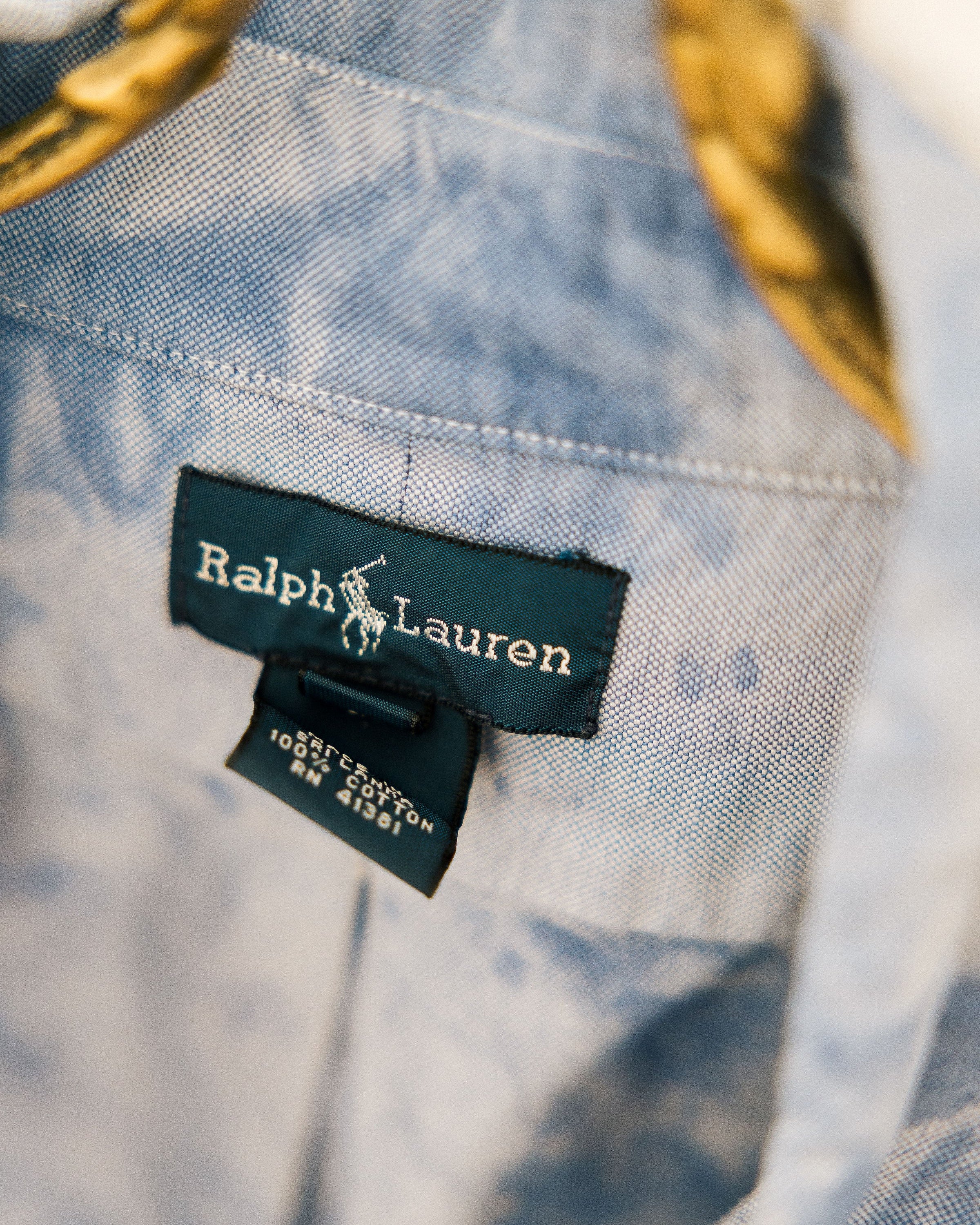 Ralph Lauren Tie-Dye Cotton Shirt hanging on gold ornate hook showing full front and pony logo