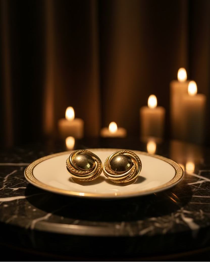 A pair of gold-toned spiral stud earrings resting on a small white ceramic dish with a gold rim, placed on a marble surface next to stacked wooden boards.