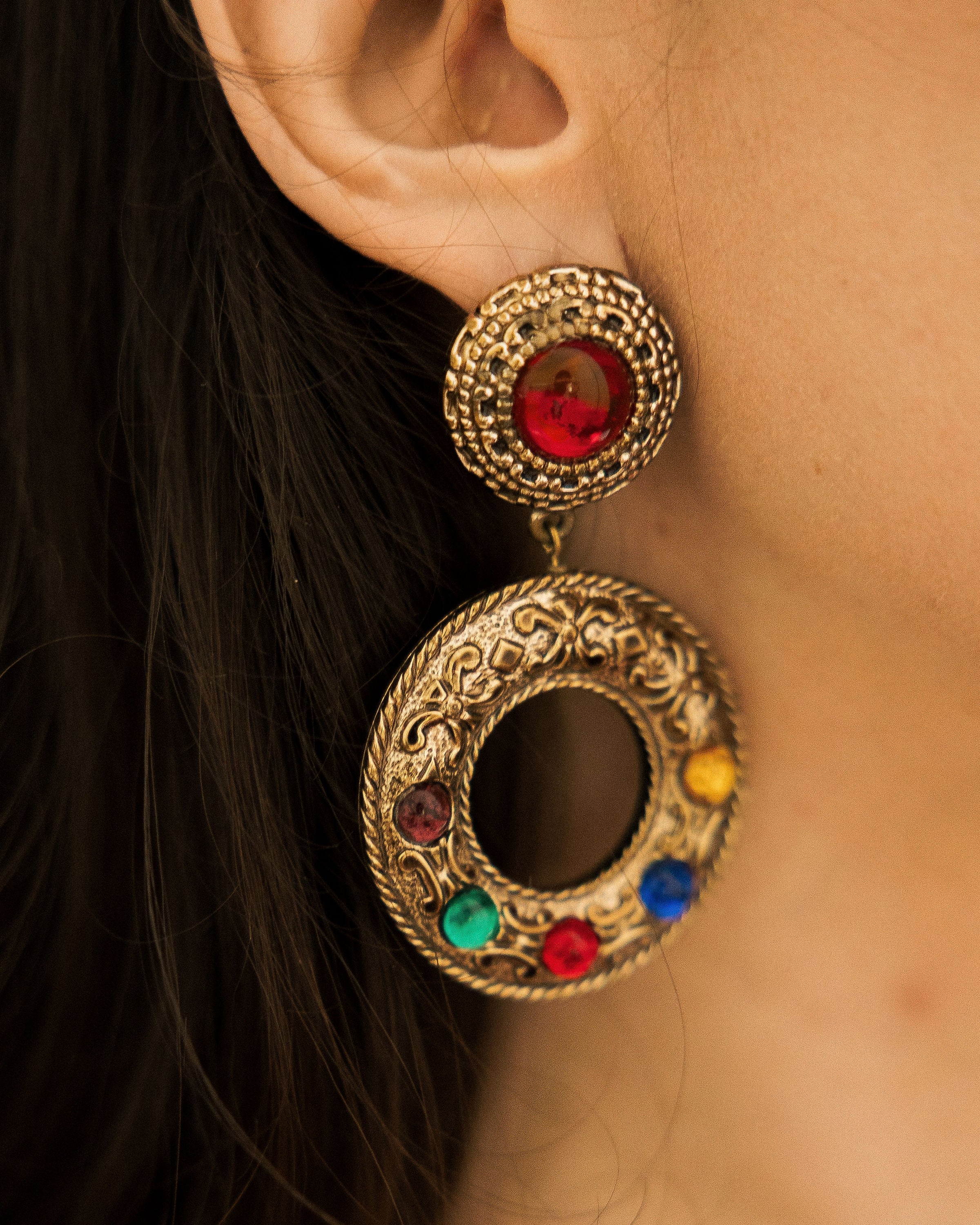 Vintage Baroque Statement Earrings close-up worn on ear with multicolor accents