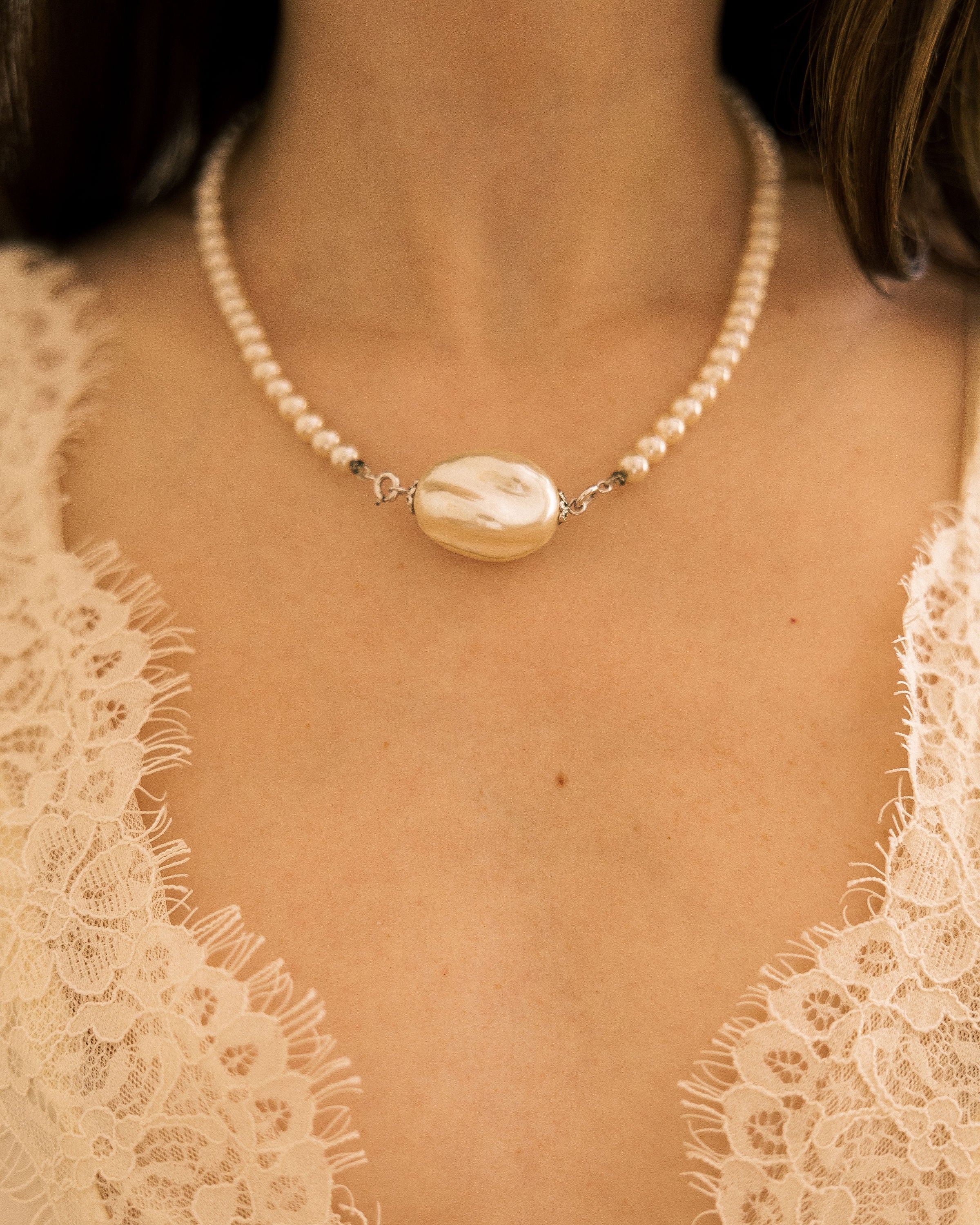 Vintage Faux Pearl Statement Necklace worn on model in white lace top