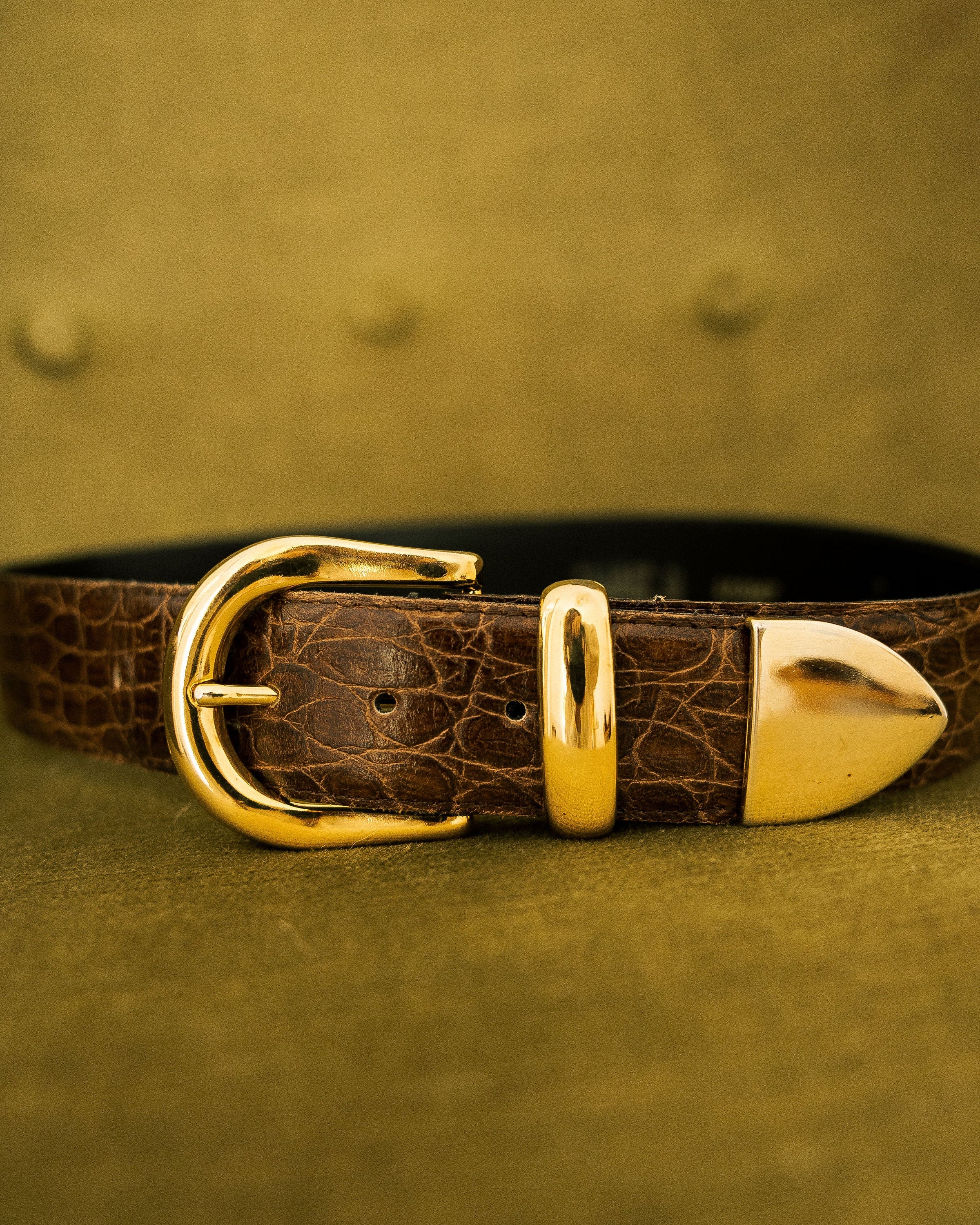 Vintage French Leather Belt close-up with gold buckle
