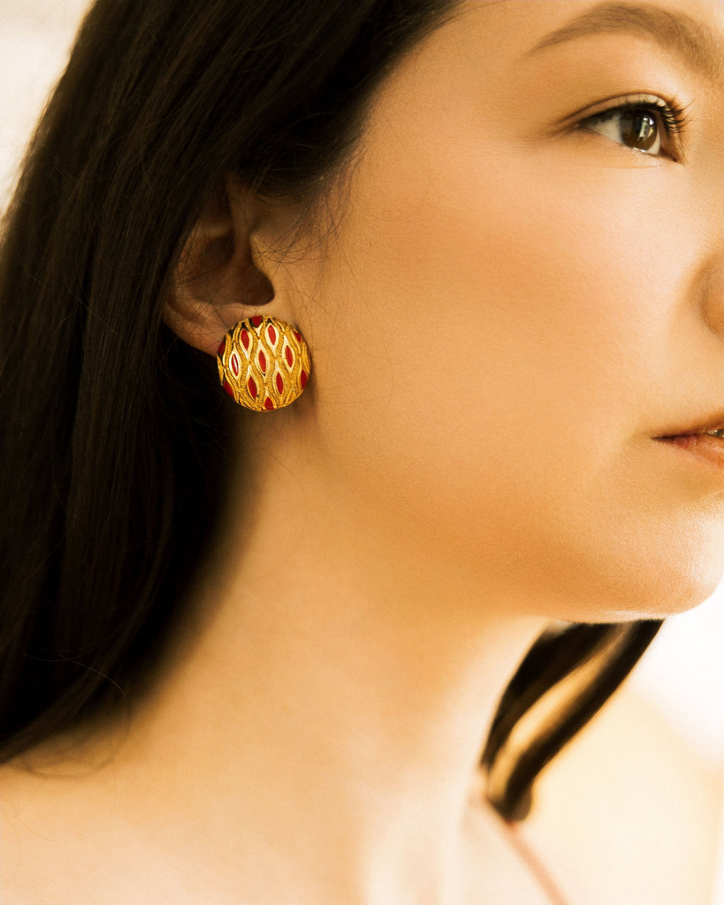 Vintage Gold and Red Clip-On Earring side profile on model